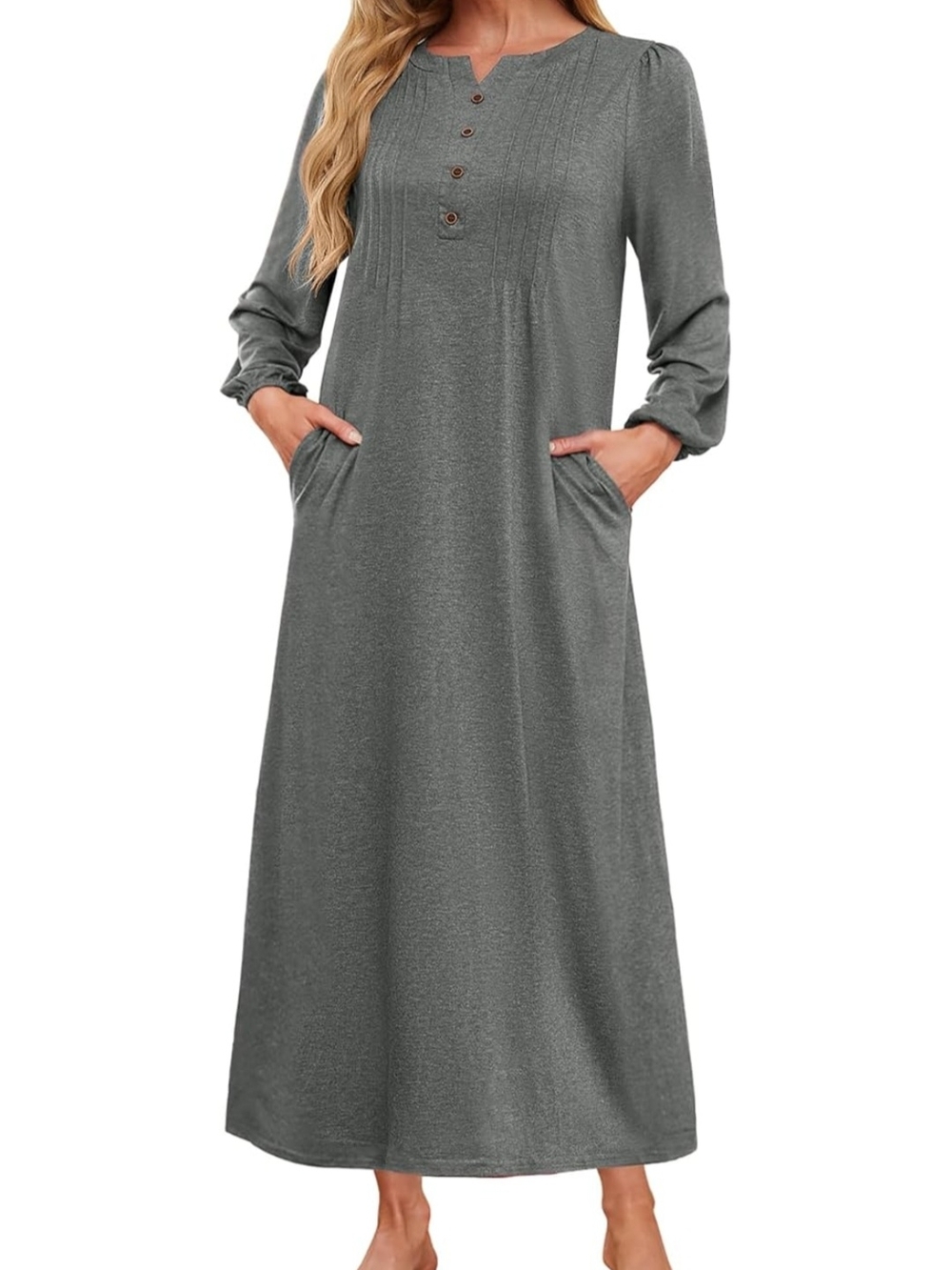 3XL Gray‎ Long Sleeve Nightgown Maxi Lounge Dress Pockets Soft Comfy